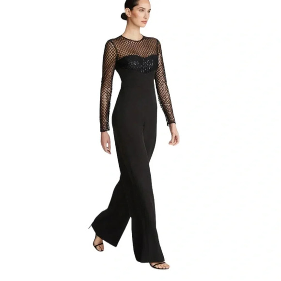 Halston Jac Sequin Illusion Neck Crepe Wide Leg Jumpsuit Black Size 2 NWT - Picture 14 of 15